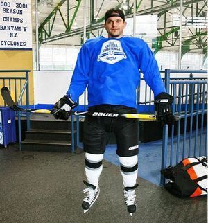 Levi Johnston in a hockey uniform at Chelsea Piers